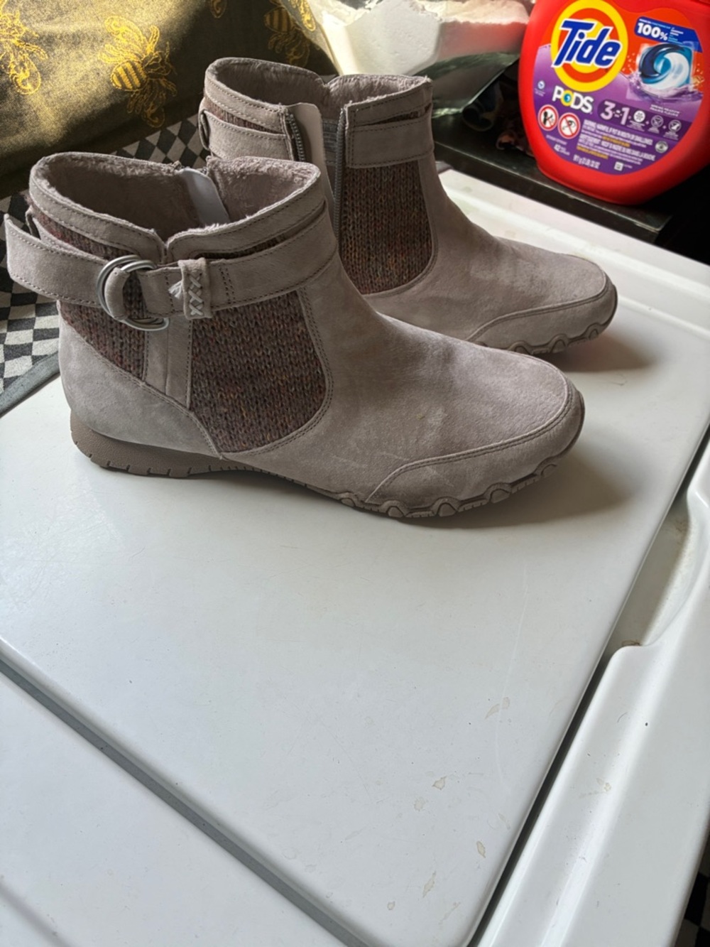 Skechers Light Taupe Suede Ankle Booties with Knit Side Panel